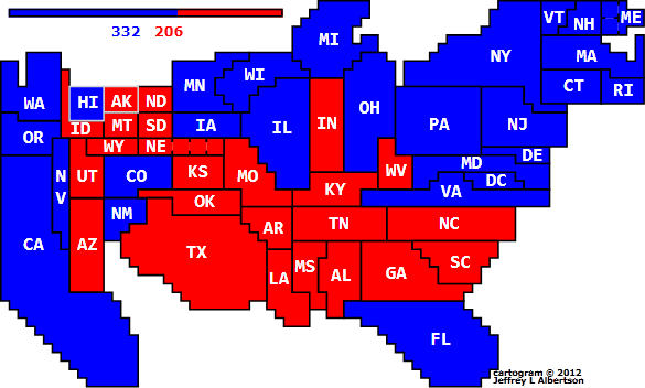 cartogram for FiveThirtyEight Electoral College Projection 2012-07-10