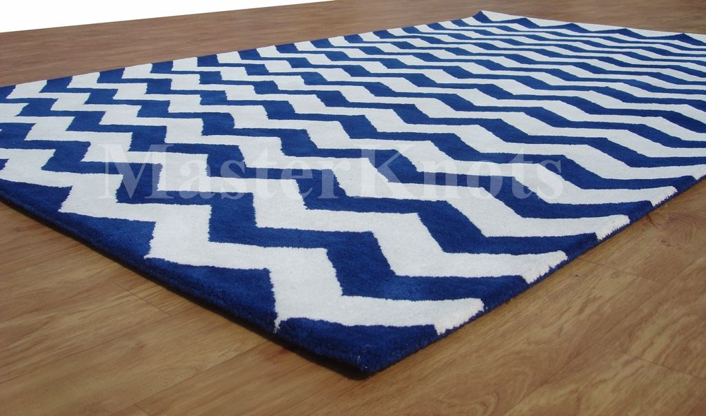 Brand New Modern Chevron Zig Zag Blue White Handmade Woolen Area Rug